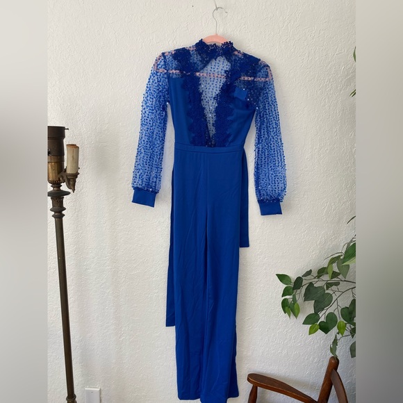 Deep Blue Pantsuit - Long Sleeve, Sheer w/Lace Details - Picture 3 of 5